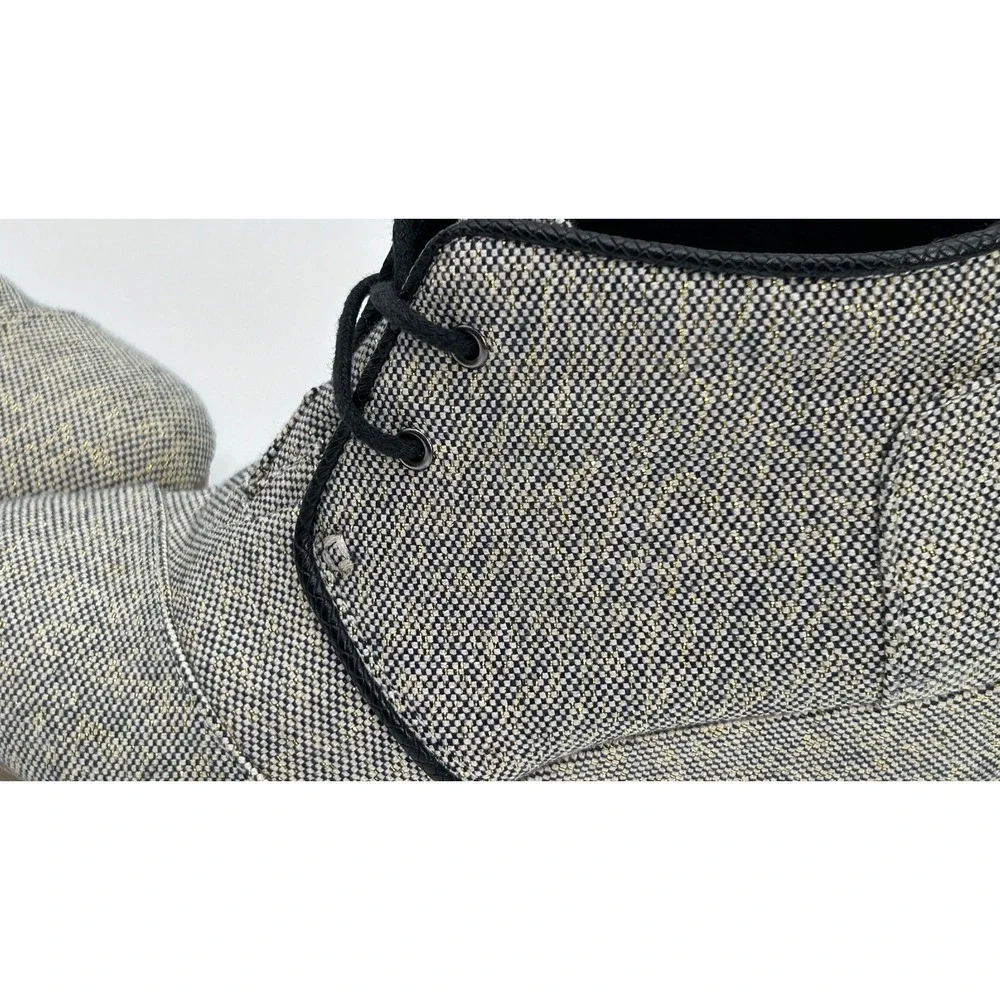 Toms Desert Wedge Linen Tweed Black White Metallic Gold Lace-up Ankle Bootie 7